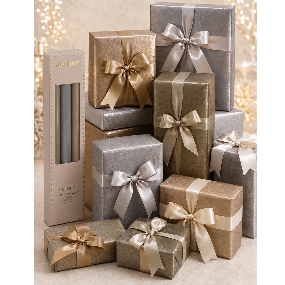 Atelier Luxury Gift Wrap 3Pk Metallic Gold Silver Bronze Textured 75 SqFt 109-03